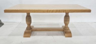 Modern, possibly ash, rectangular coffee table on turned pedestal and stretchered base, 111cm x 45cm