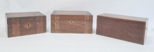 19th century mahogany and shell inlaid rectangular tea caddy and two parquetry inlaid work boxes (3)
