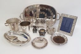 Silver plated tray of oval form with two handles and pierced gallery, silver plated photograph frame