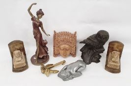 Box of assorted items to include book ends in the form of sphinx, pine decoy duck, miniature brass