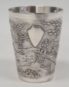 Indo China, probably Vietnamese, beaker decorated with buffalo and figure on a bridge, in lakeside