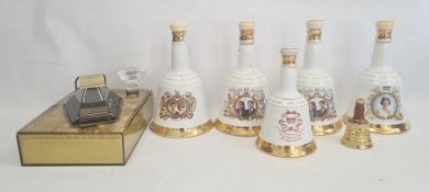 Assorted Bells shaped whisky bottles and a JM and F Martell Cordon Bleu bottle of cognac in