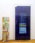 Art glass panel of blue geometric design, signed 'Bel', 43cm wide and glass wall clock (2)