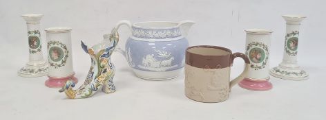 19th century relief moulded pottery jug with classical motif on a lilac ground, 15.5cm high, pair