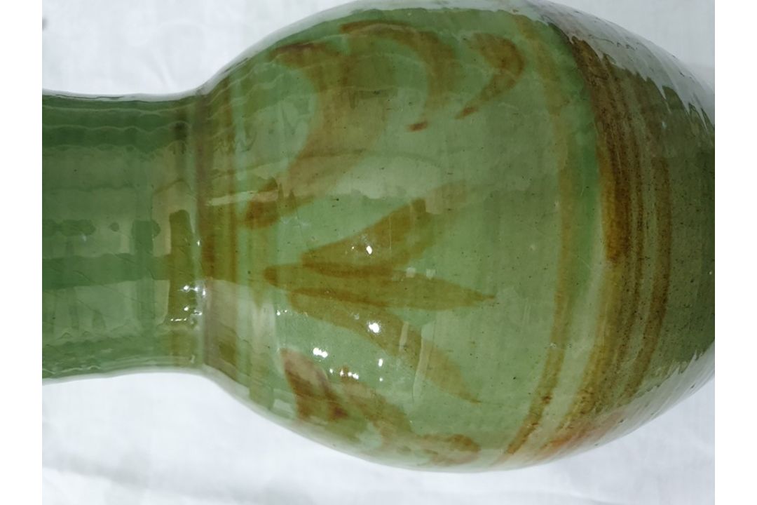 Studio pottery vase with ovoid body, green ground with brown stylised leaf decoration, - Image 16 of 16