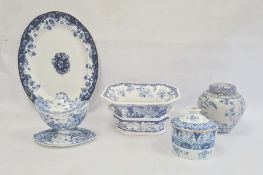 19th century earthenware underglaze blue transfer-printed sauce tureen and cover with integral base,