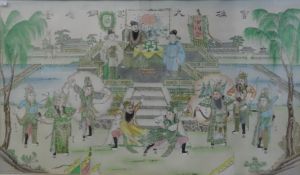 Chinese school Large print with wash Figures on a dais watching warriors in garden below, with