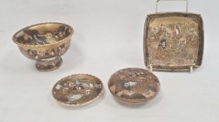 Japanese Satsuma earthenware stem bowl with everted rim and 'Thousand Faces' decoration on a gold