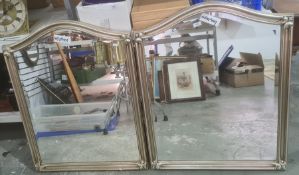 Pair of modern gilt frame wall mirrors of rectangular form with arch pediment and bevel glass, 72