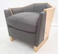 Pair of Art Deco-style modern armchairs in burr maple and black leather (2) Condition ReportSee