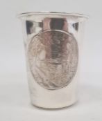 Hazofim Ltd silver lipped cup, with oval repousse decoration of Middle Eastern building in a