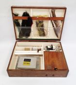 Assorted items to include box and contents for making fishing flies, a pigskin cartridge bag and a