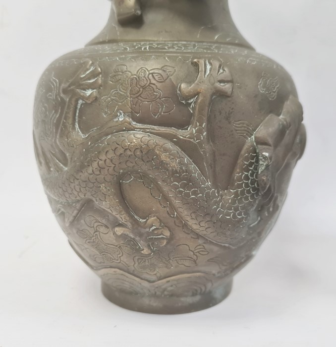 Pair Chinese bronze vases, baluster-shaped and each embossed with pair dragons and flaming pearl and - Image 2 of 5