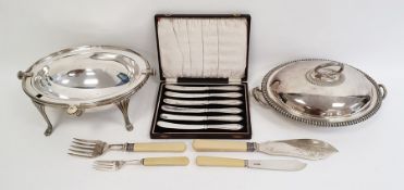 Silver plated bacon dish of plain oval form, silver plated two-handled vegetable dish and cover