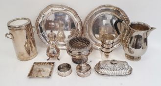 Two plated circular trays, large continental plated water jug, insulated wine bottle cooler, sugar