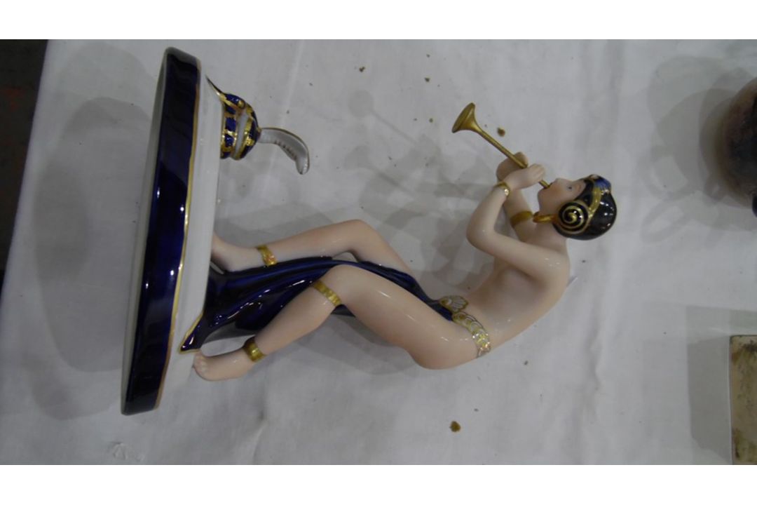 Royal Dux tinted bisque and glazed porcelain figure of a semi-nude snake charmer, on oval base, 23. - Image 6 of 6