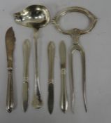 Swedish C G Hallberg ALP silver plate meat fork, two-pronged, Swedish sauce ladle, butter knife