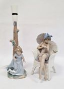 Lladro porcelain table lamp in the form of girl and puppy beside tree trunk, 12cm high and Lladro