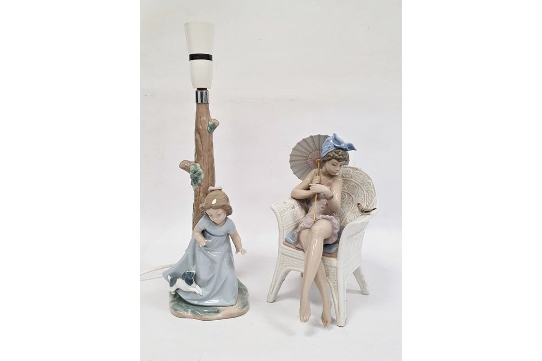 Lladro porcelain table lamp in the form of girl and puppy beside tree trunk, 12cm high and Lladro - Image 1 of 21