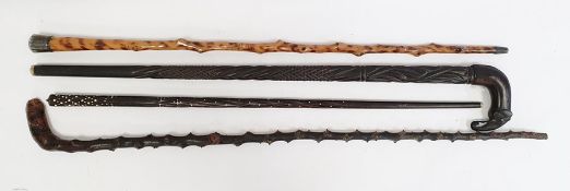 Assorted canes and walking sticks to include white metal topped (probably silver) cane, walking