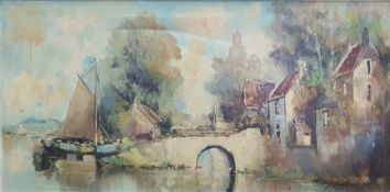 J. Rowland, 20th century Oil on canvas Continental river scene, signed lower right, 39 x 80cm