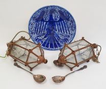 Blue and white platter and two lights and a pair of electroplated salad servers (4)