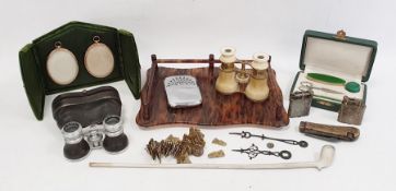 Assorted items to include clay pipe, opera glasses, lighters and a small bag of engraved brass