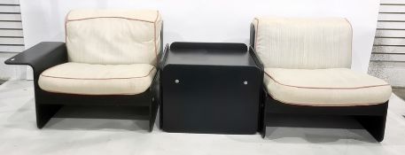 20th century designer modular pair of seats and coffee table in black ash-effect finish (3 parts)