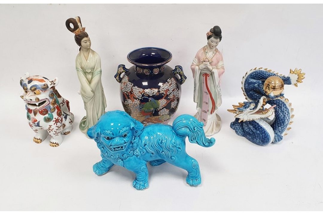 Chinese turquoise glazed model Buddhist lion,18cm high, two various bisque and partly glazed figures - Image 1 of 31
