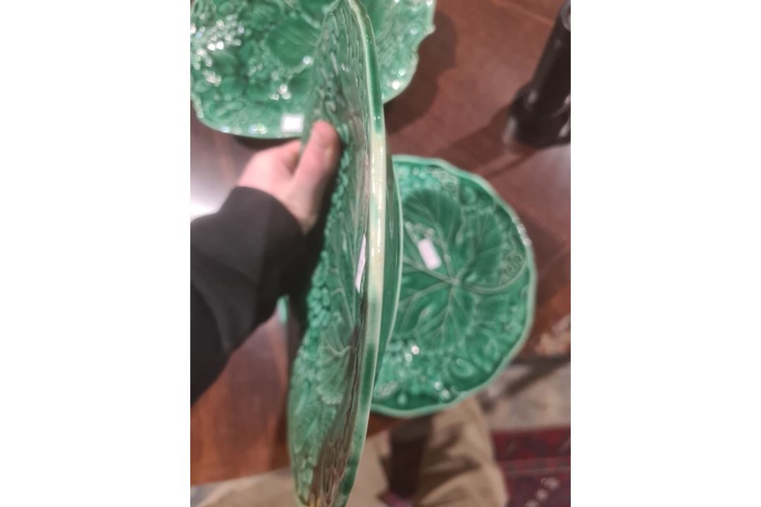 Pair 19th century Thomas Till green glazed majolica dessert plates and matching oval dish, 29cm wide - Image 9 of 10