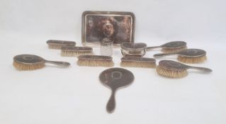 George V silver and tortoiseshell pique dressing table set, 7 pieces, Birmingham 1920, maker