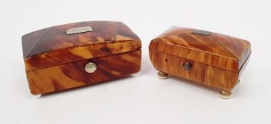 Two early 19th century miniature tortoiseshell caddy-shaped cachou boxes, both with silver wire