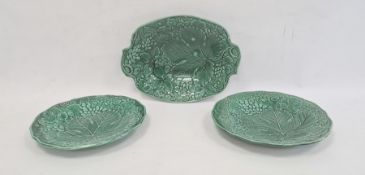 Pair 19th century Thomas Till green glazed majolica dessert plates and matching oval dish, 29cm wide