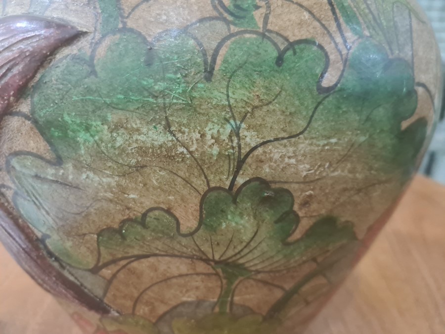 Arts & Crafts painted earthenware large vase, the ovoid body embossed with two fish, on a background - Image 4 of 11