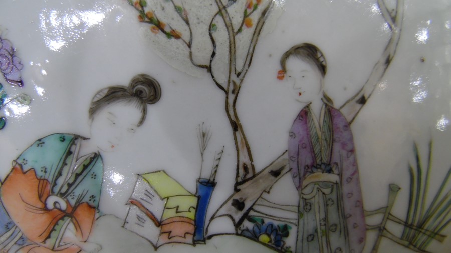 Pair of Chinese porcelain roundels, convex, one painted with bird and flowering peonies, the other - Image 7 of 10