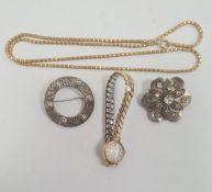 Two silver brooches, gold-coloured chain necklace and UTI rolled gold lady's wristwatch and