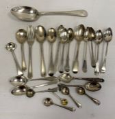 Assorted silver teaspoons, salt spoons, a silver plated tablespoon and a fork, 11.5toz. approx. in