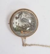 Victorian 18ct gold reverse painted rock crystal brooch, circular, painted with heron and bullrushes