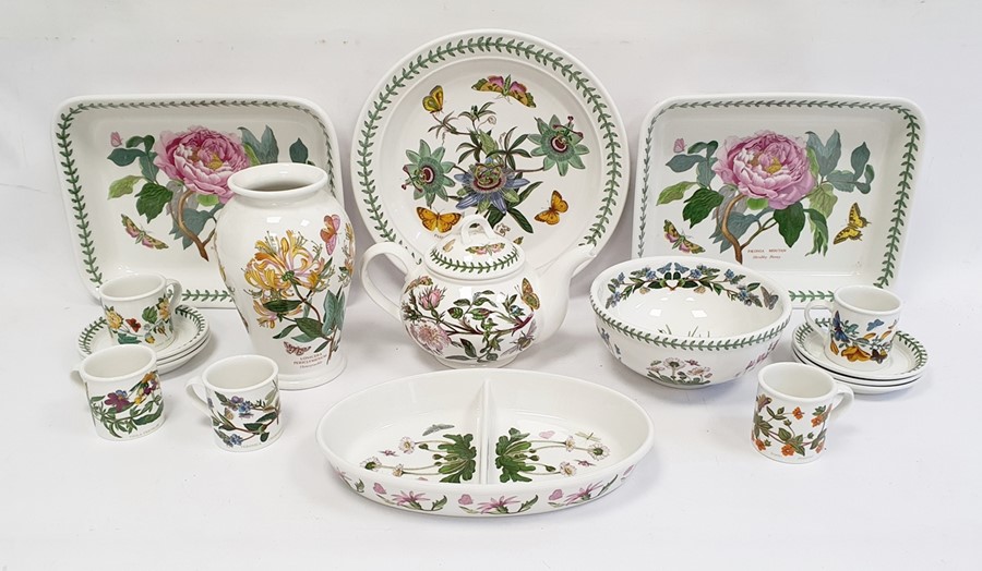 Two Portmeirion rectangular casserole dishes, teapot, circular dish, six coffee cups and saucers and