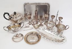 Silver plated three-piece tea set, pair of silver plated goblets, silver plated two-handled sugar