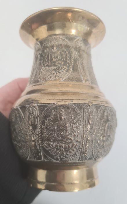 Indian bronze vase, squat baluster shaped and embossed with panels of Buddha, 12.5cm high, pair Thai - Image 2 of 2