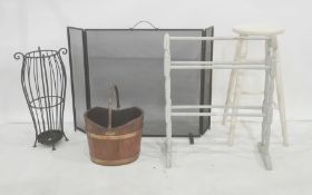 Painted stool, wooden bucket with copper swing handle and copper bands, modern umbrella stand,