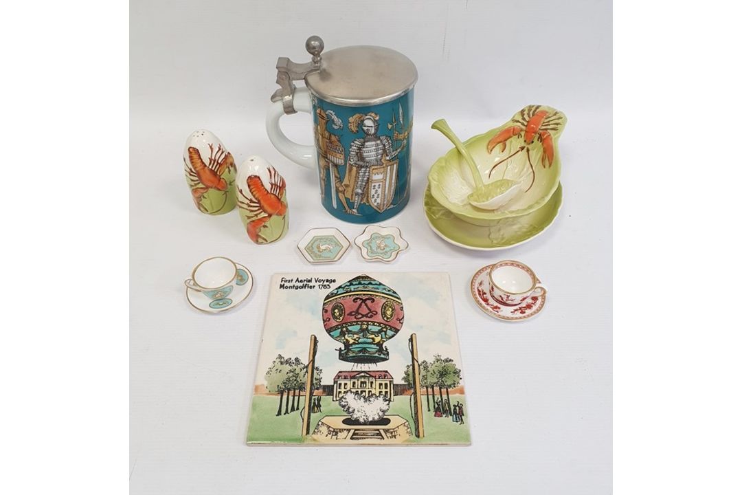 German porcelain stein with metal lid, Elbogen pottery figure of a girl, pair of tinted bisque - Image 2 of 12