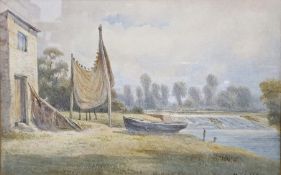 Watercolour Fisherman's cottage by a river, signed and dated 1871 lower right, 22 x 35cm together