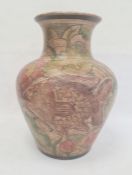 Arts & Crafts painted earthenware large vase, the ovoid body embossed with two fish, on a background