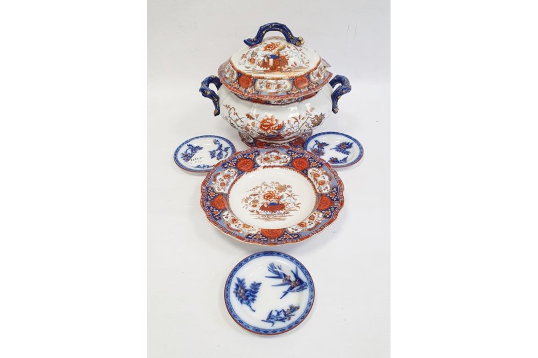 19th century Alcocks Indian ironstone two-handled soup tureen and cover and pair matching soup - Image 1 of 11