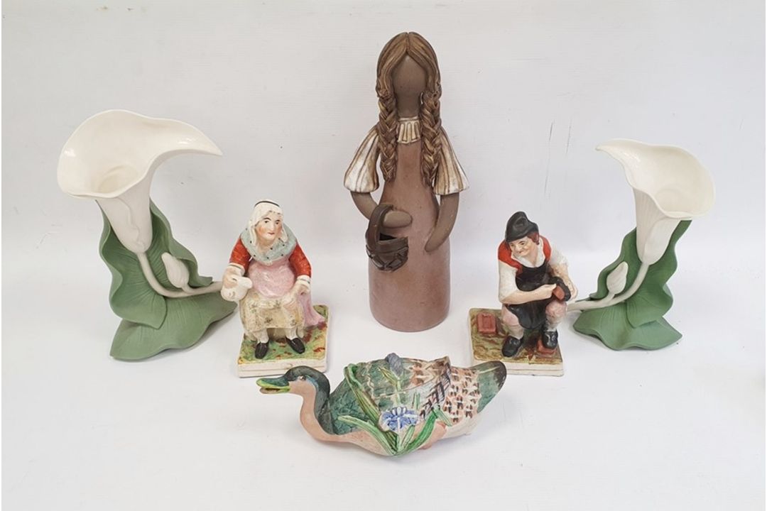 German porcelain stein with metal lid, Elbogen pottery figure of a girl, pair of tinted bisque - Image 1 of 12