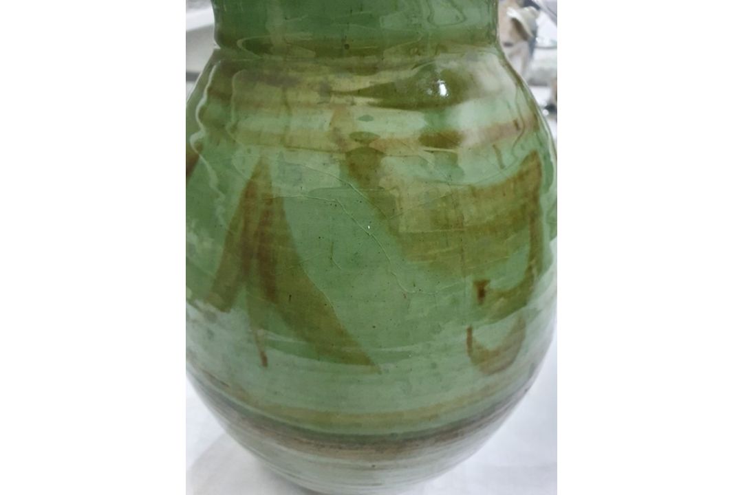 Studio pottery vase with ovoid body, green ground with brown stylised leaf decoration, - Image 10 of 16