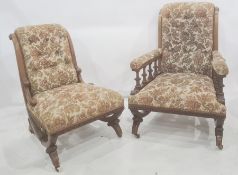 Two late Victorian walnut chairs, one open armchair and one salon chair both with carved stud