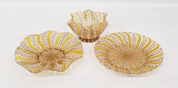 Venetian latticino glass plate in yellow, one further similar and bowl (3)  Condition